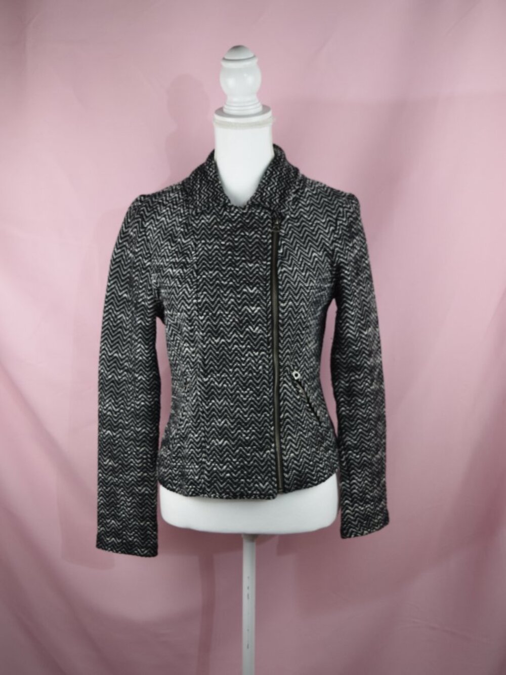 Lucky Brand Black & White Chevron Knit Asymmetrical Moto Jacket | Size S